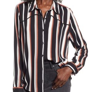 Striped BP button-down blouse, size medium, black/brown/white